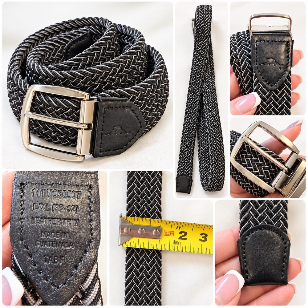 Tommy Bahama Mens Braided Stretch Belt Black Grey Leather Trim L/XL 11TM030007